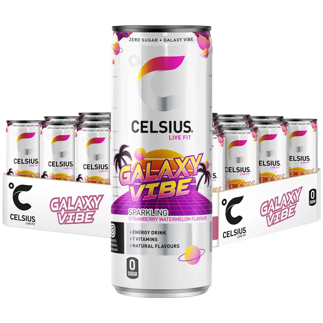 24 x Celsius 355 ml Galaxy Vibe SUPER DEAL i ett vitt flak med vita burkar och färgglada detaljer i retrostil.