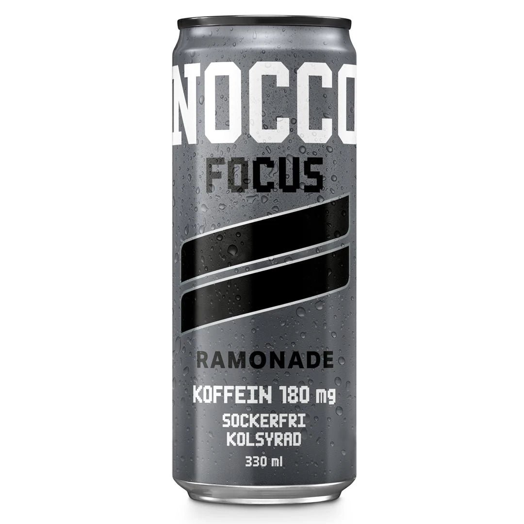 NOCCO FOCUS 330 ml energidryck i en grå aluminiumburk med svarta detaljer och smaken Ramonade.