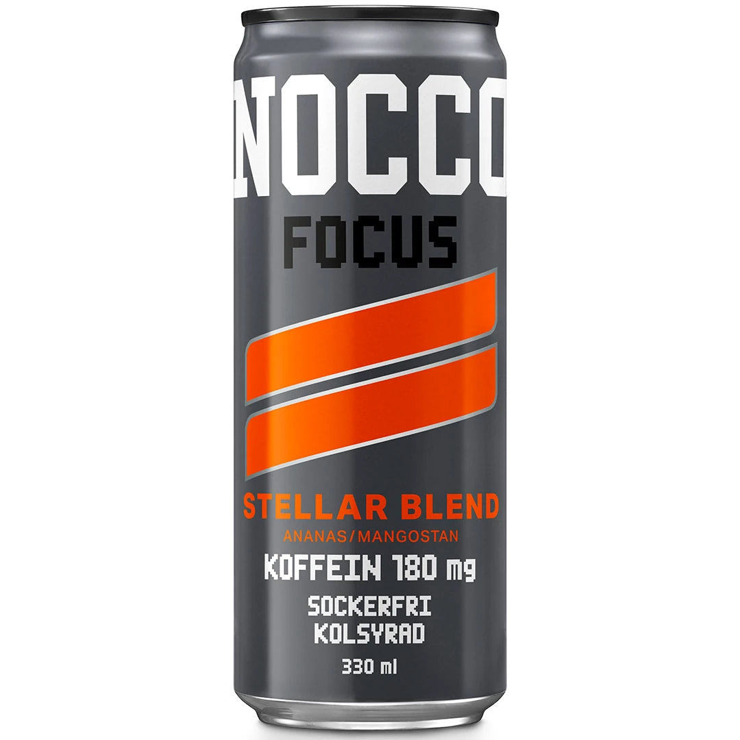 NOCCO FOCUS 330 ml energidryck i en mörkgrå burk med orange detaljer för smaken Stellar Blend.