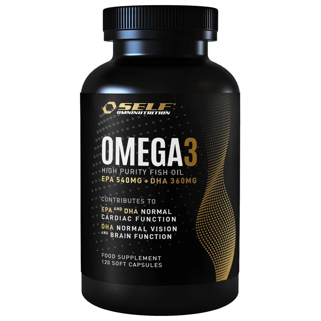 Self Omninutrition Omega-3 Fish Oil 120 caps i en svart burk med guldiga och vita detaljer.