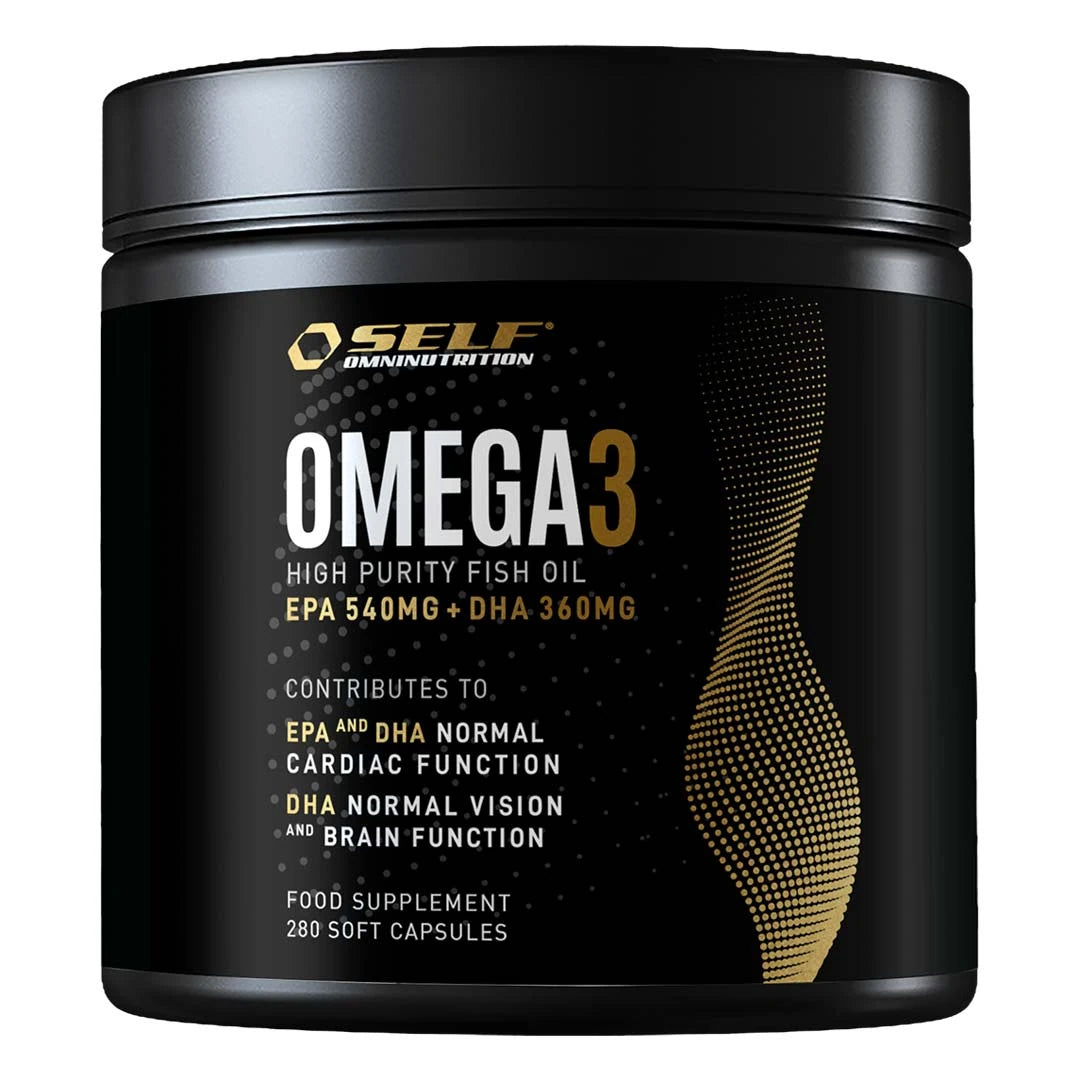 Self Omninutrition Omega-3 Fish Oil 280 caps i en svart burk med guldiga detaljer., bild 1 av 1