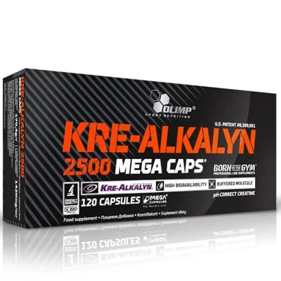 Svart förpackning med orange text för Olimp Kre-Alkalyn Mega 120 caps, ett buffrat kreatin i kapselform.