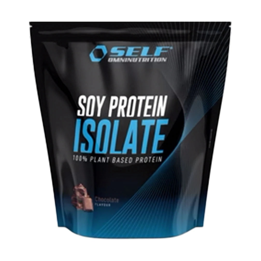 Self Omninutrition Soy Protein 1 kg proteinpulver i en svart påse med blå detaljer för smaken Chocolate.
