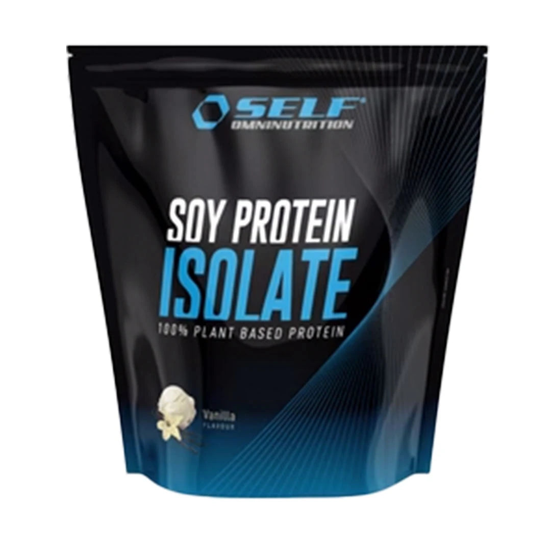 Self Omninutrition Soy Protein 1 kg proteinpulver i en svart och blå påse för smaken Vanilla.