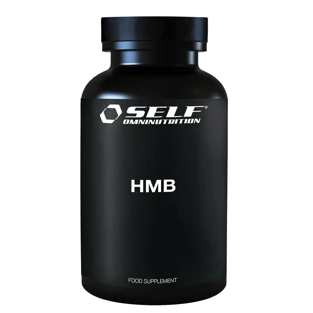 Self Omninutrition HMB pure Grade 1g, aminosyror i kapselform, förpackad i en svart burk med vita textdetaljer.
