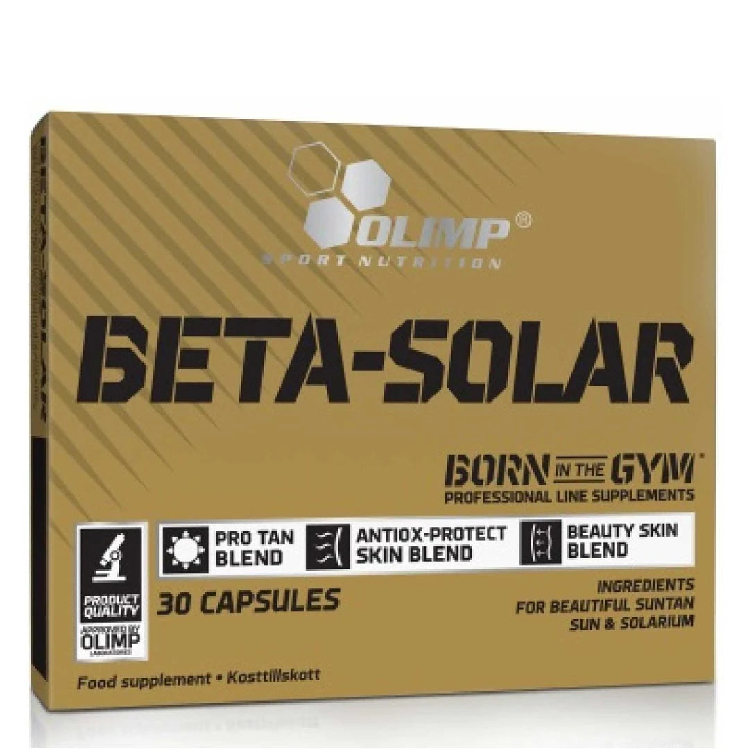 Olimp Beta Solar 30 caps kosttillskott, förpackat i en guldfärgad ask med svart text och vita detaljer.