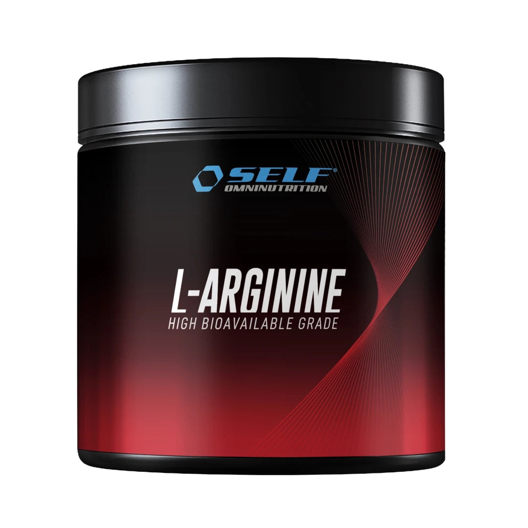 Svart burk med röda detaljer innehållande Self Omninutrition Arginine 200 g rent L-arginin i pulverform.