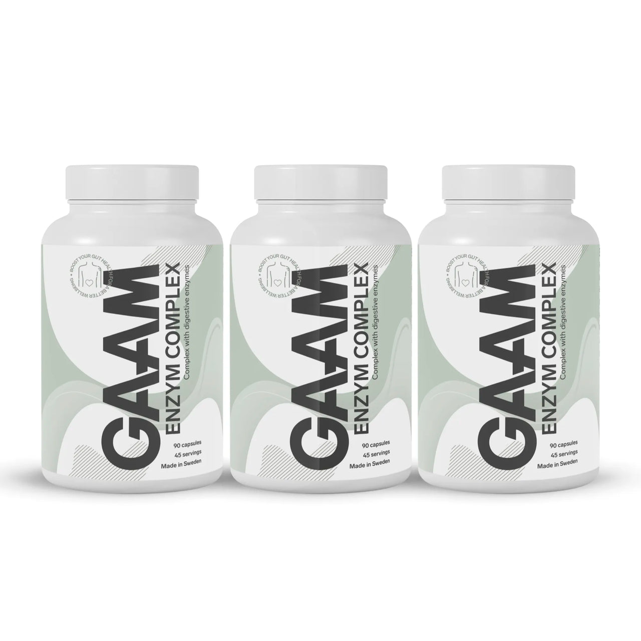 3 x GAAM Enzym Complex 90 caps kosttillskott i tre vita plastburkar med gröna detaljer.