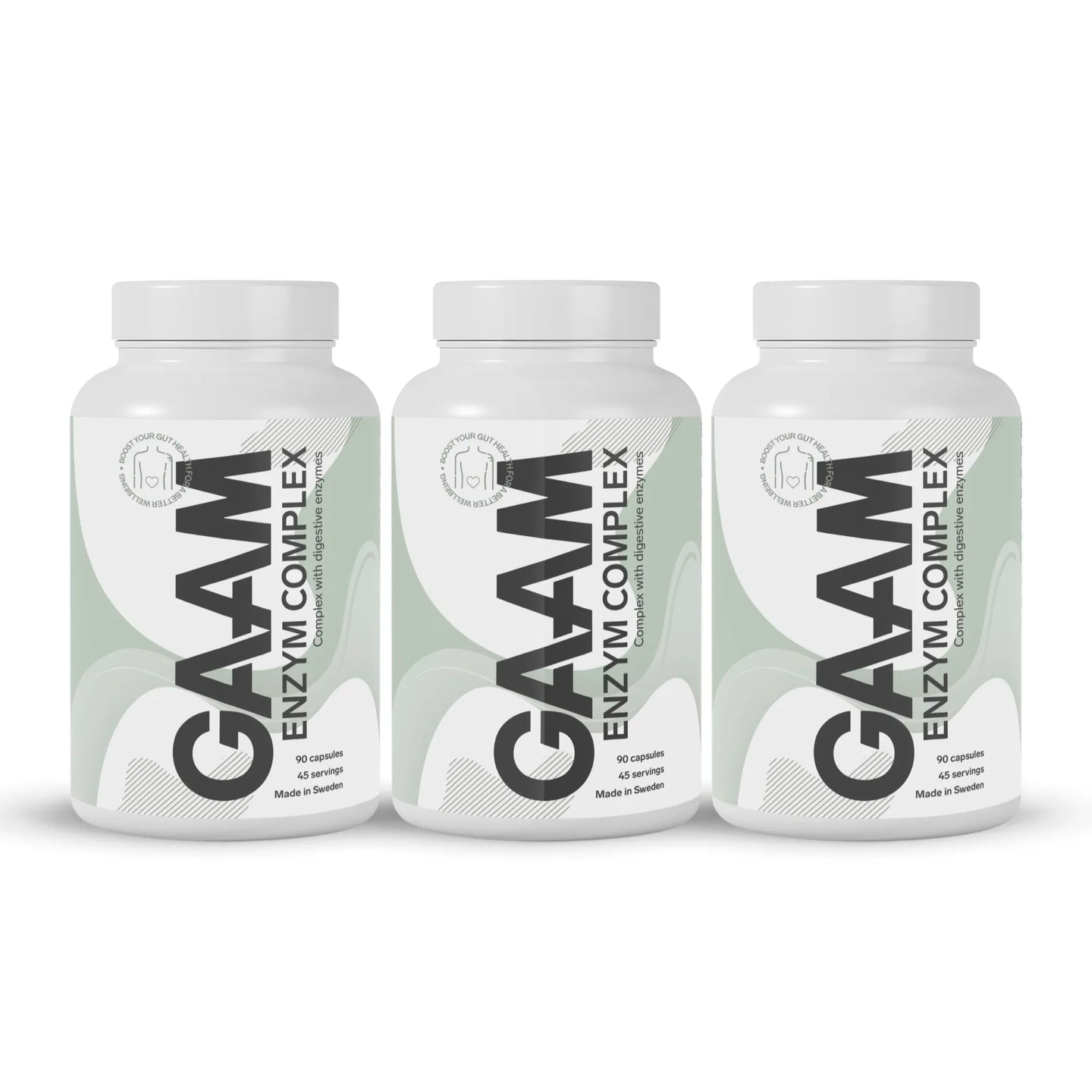 3 x GAAM Enzym Complex 90 caps kosttillskott i tre vita plastburkar med gröna detaljer.