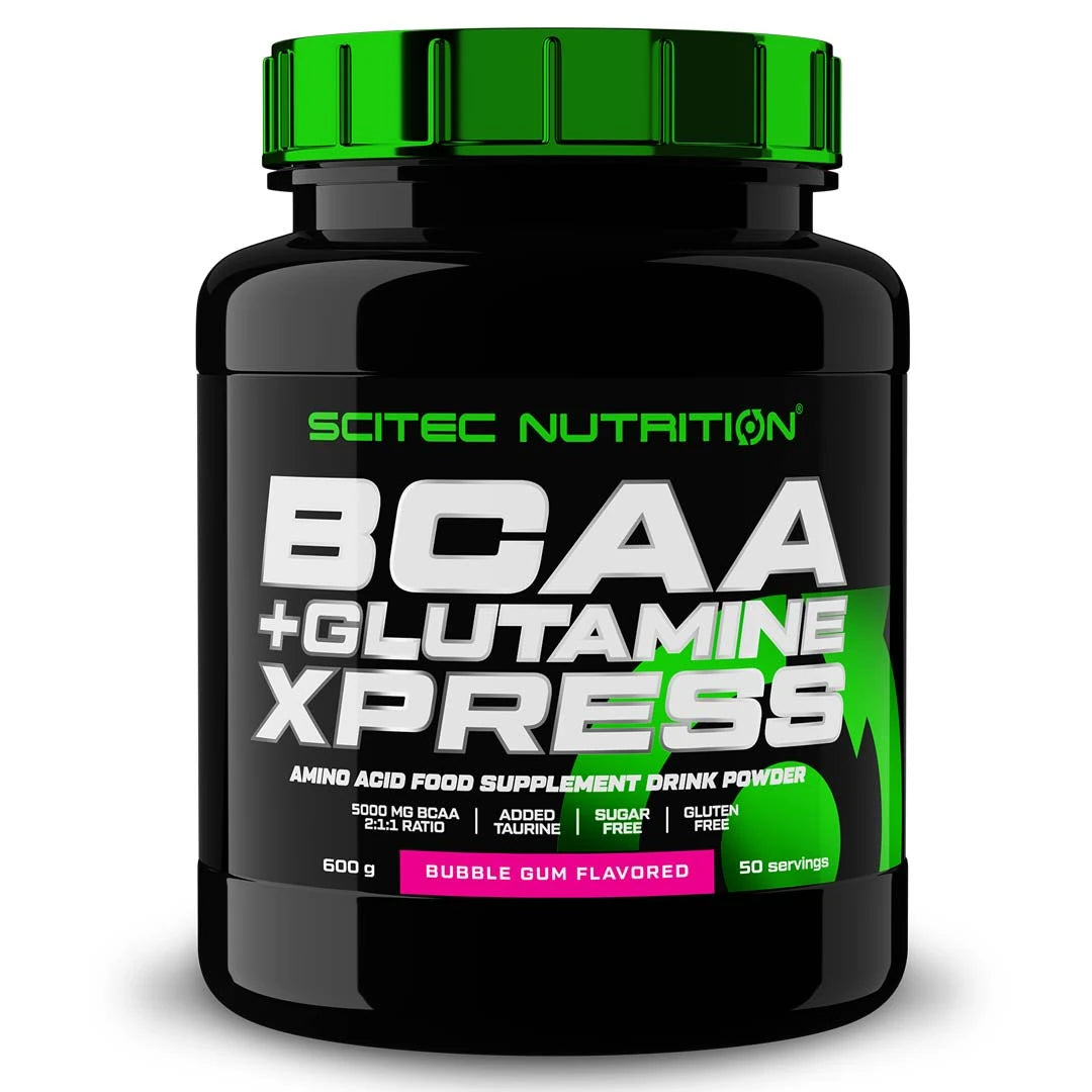 Scitec Nutrition BCAA + Glutamine Xpress 600 g i en svart burk med gröna detaljer och smak av Bubble Gum.