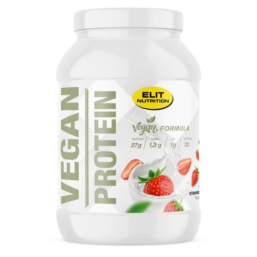 Elit Nutrition Vegan Protein 750 g proteinpulver i en vit plastburk med illustrerade jordgubbar.