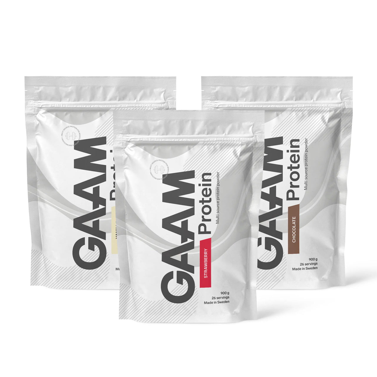 3 x GAAM Protein 900 g proteinpulver i tre vita påsar med smaker som Vanilla, Chocolate och Strawberry.