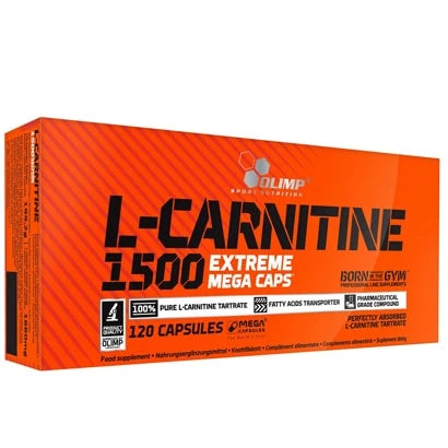 Olimp L-Carnitine 1500 Extreme Mega caps 120 caps i en orange kartong med svart text.