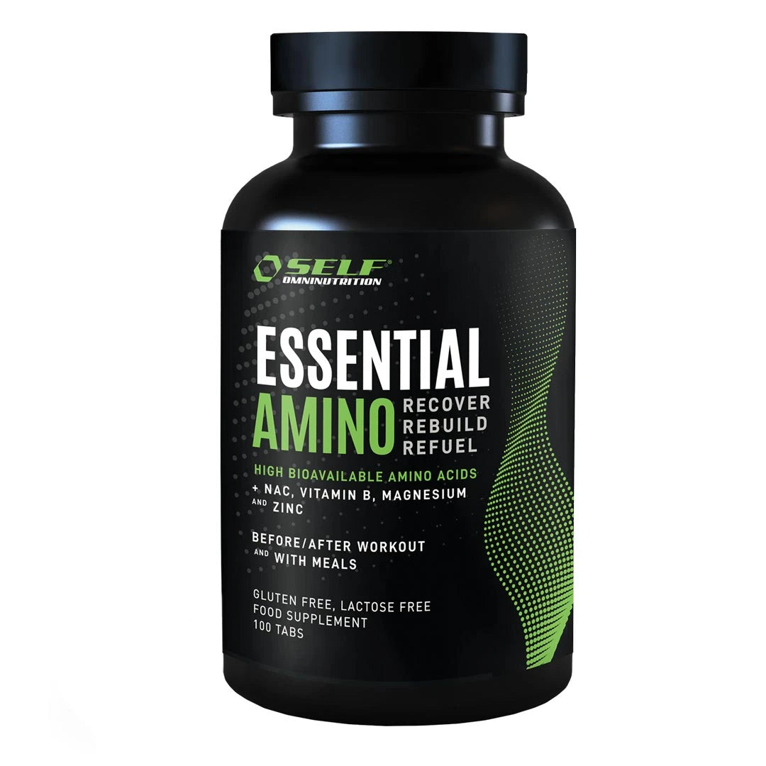 Self Omninutrition Essential Amino 100 tabs kosttillskott förpackad i en svart burk med gröna och vita detaljer.