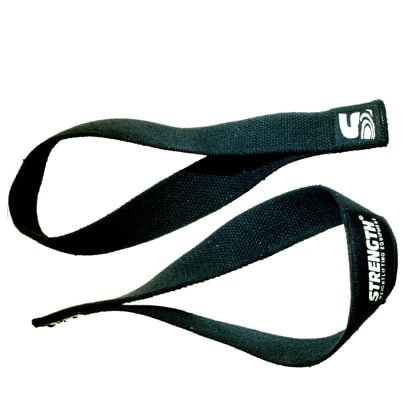 Svarta Strength Dragremmar Olympisk Lyftning i kraftigt bomullstyg med vit logotyp för säkrare grepp.