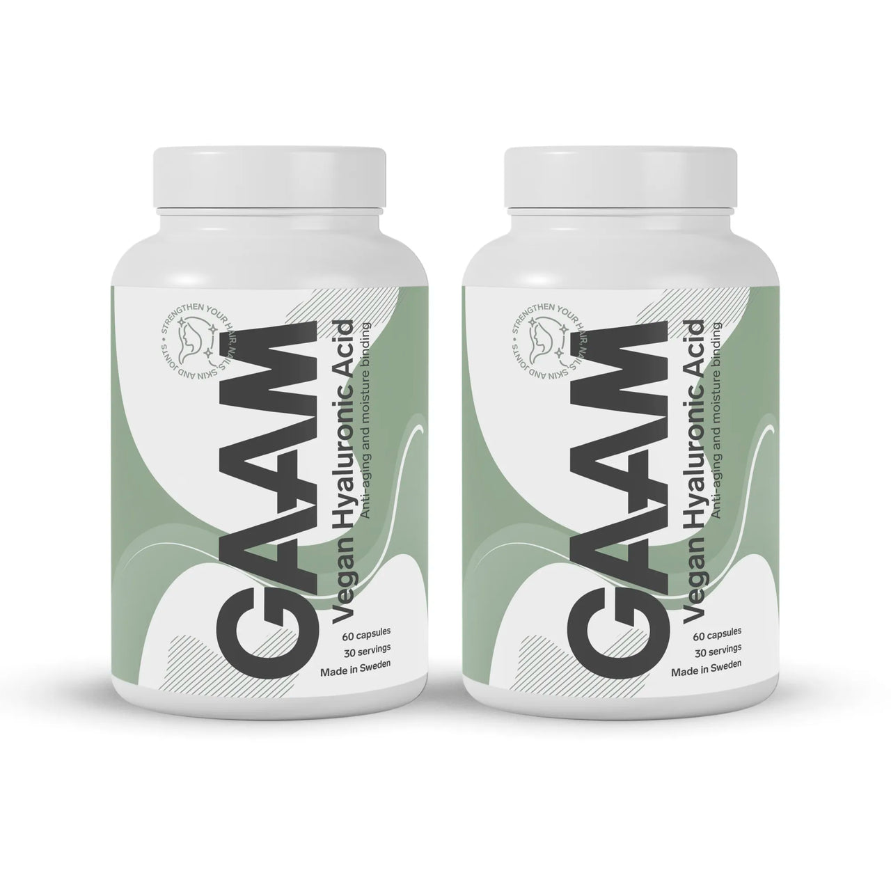 2 x GAAM Vegan Hyaluronic acid & vitamin C 60 caps i två vita burkar med gröna och gråa detaljer.