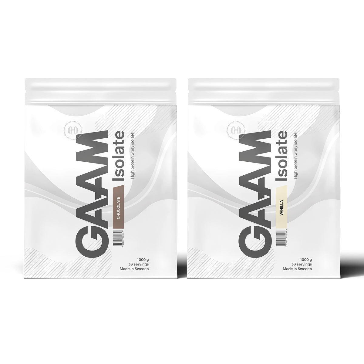 2 x GAAM Isolate 1 kg vassleproteinisolat i två vita påsar för smakerna Chocolate och Vanilla., bild 1 av 1