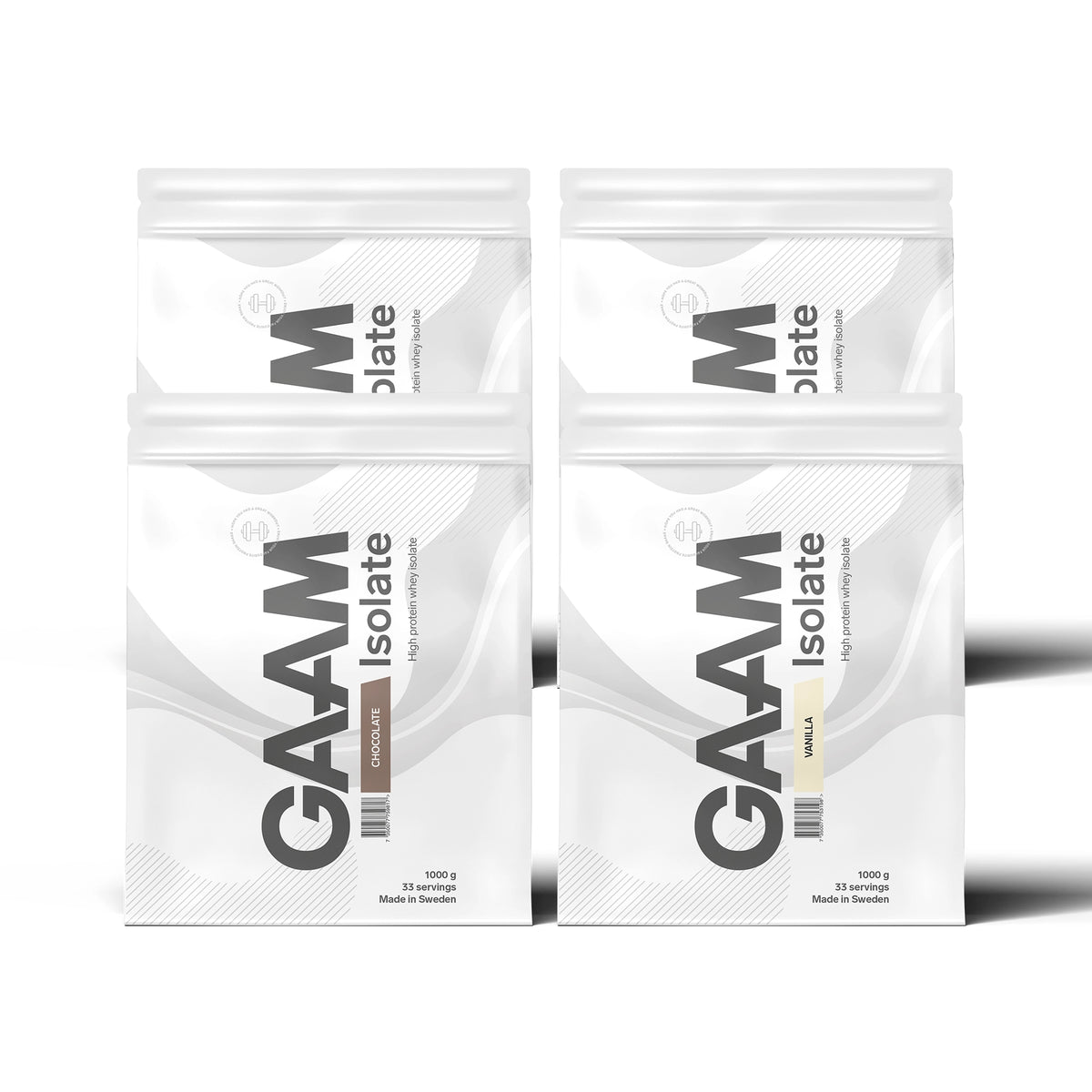 4 x GAAM Isolate 1 kg vassleproteinisolat i fyra vita påsar med smakerna Chocolate och Vanilla.