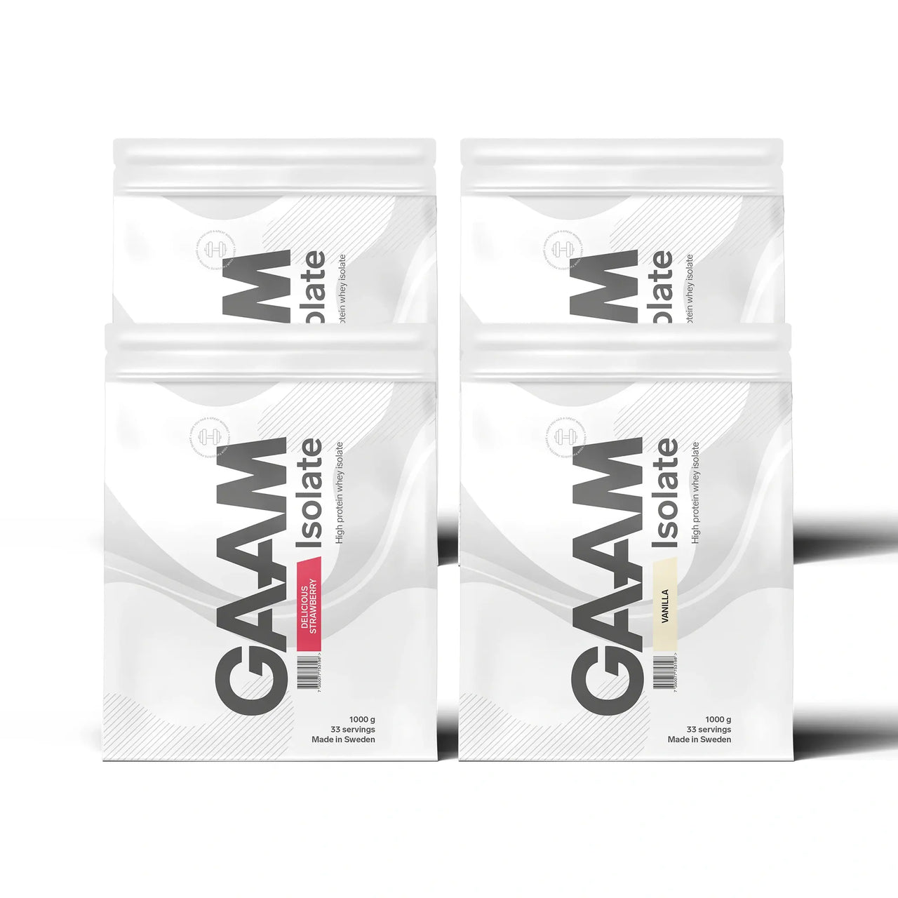 4 x GAAM Isolate 1 kg proteinpulver i fyra vita påsar, med smakerna Vanilla och Delicious Strawberry synliga på förpackningarna.