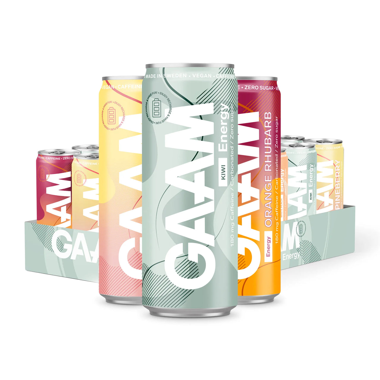 24 x GAAM Energy 330 ml Mixflak i en ljusgrön kartong fylld med färgglada burkar i olika smaker.