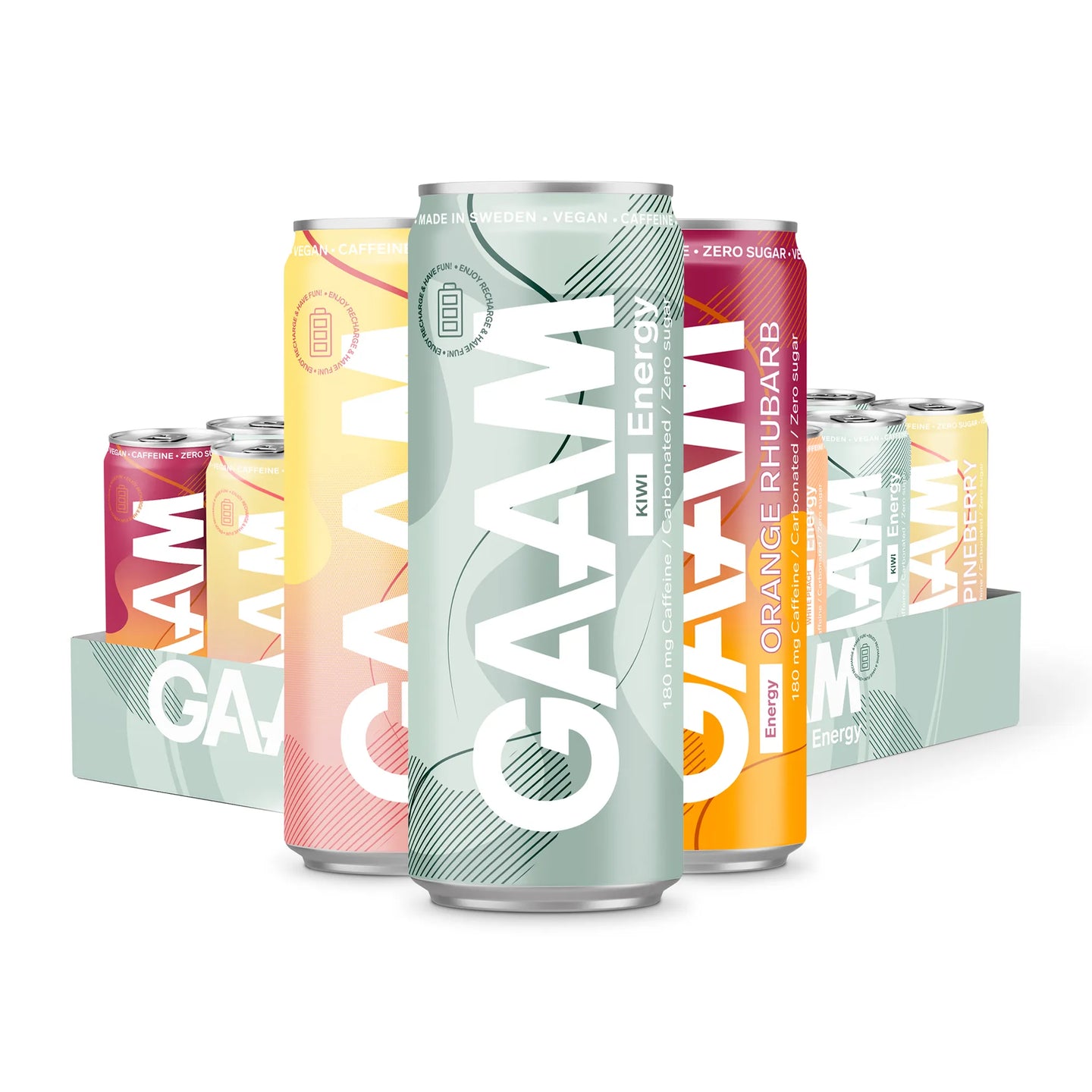 24 x GAAM Energy 330 ml Mixflak i en ljusgrön kartong fylld med färgglada burkar i olika smaker.