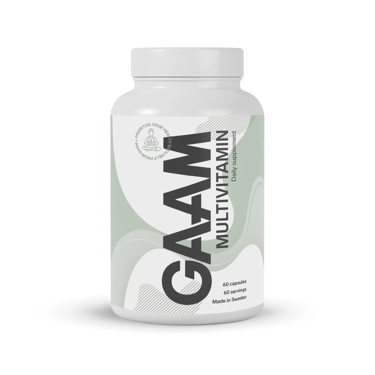En vit burk med GAAM Multivitamin 60 caps, med en ljusgrön etikett och stor svart text.