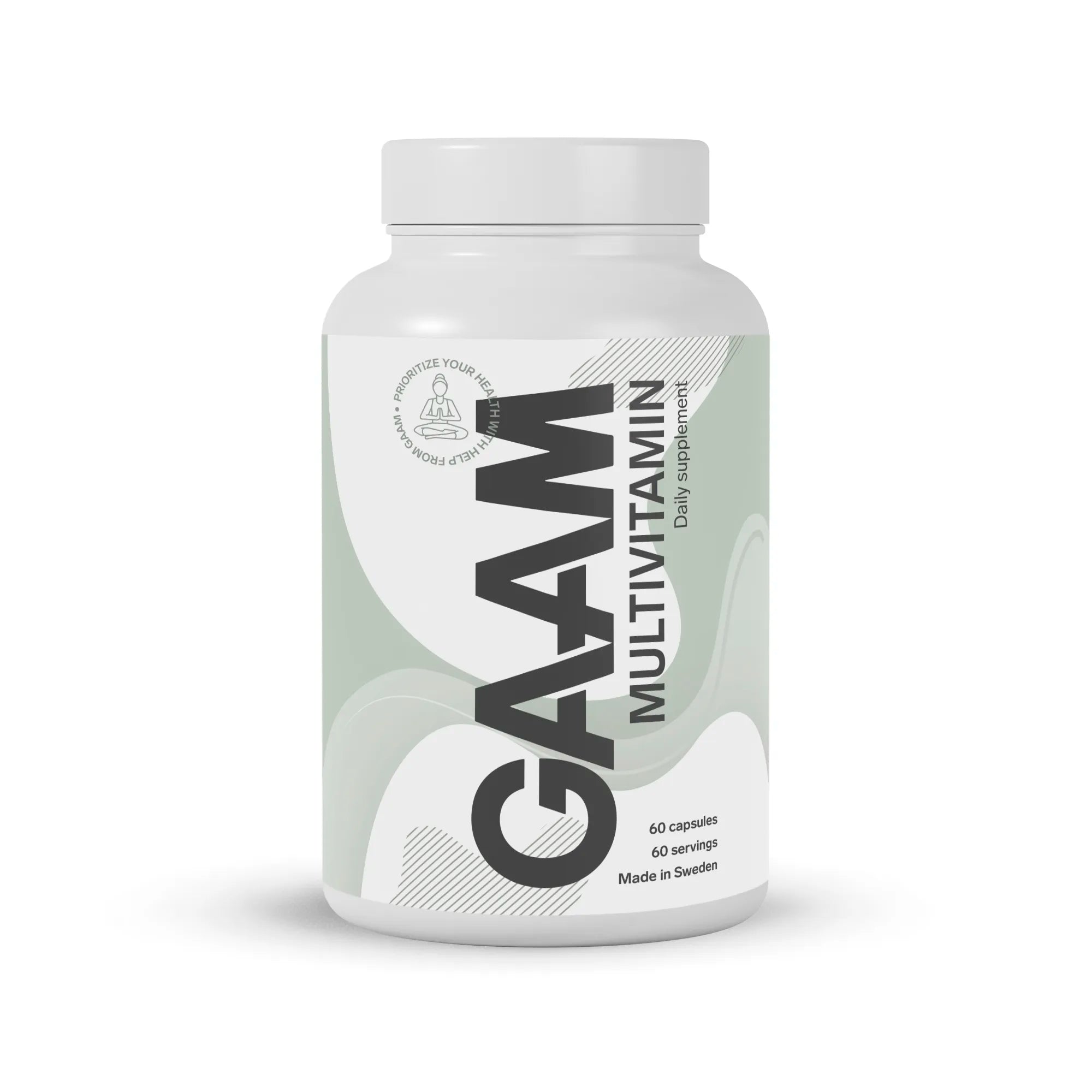 En vit burk med GAAM Multivitamin 60 caps, med en ljusgrön etikett och stor svart text.