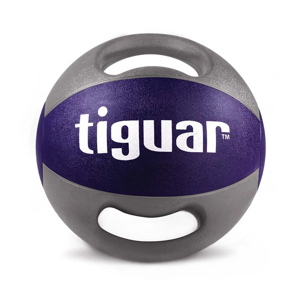 Tiguar Medicinboll Med Handtag 10 kg i mörklila och grått med mönstrad textur och två greppvänliga handtag.