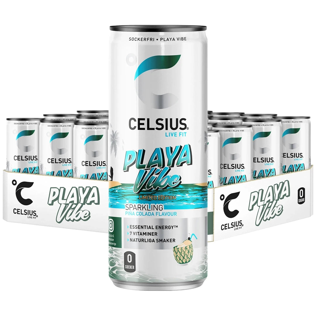 24 x Celsius 355 ml Playa Vibe - Pina Colada SUPER DEAL i ett flak med vita burkar och turkosa detaljer.