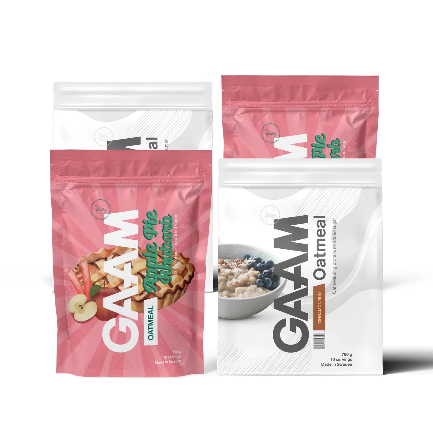 4 x GAAM Oatmeal 750 g i en bundle med fyra påsar i vitt och rosa för smakerna Apple Pie Rhubarb och Cinnamon Bun.