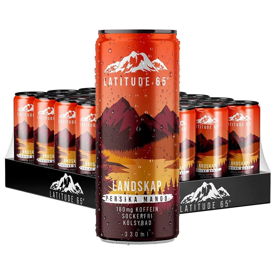 24 x Latitude 65 330 ml Landskap - Persika & Mango i ett svart flak med orangea energidrycksburkar täckta av vattendroppar.