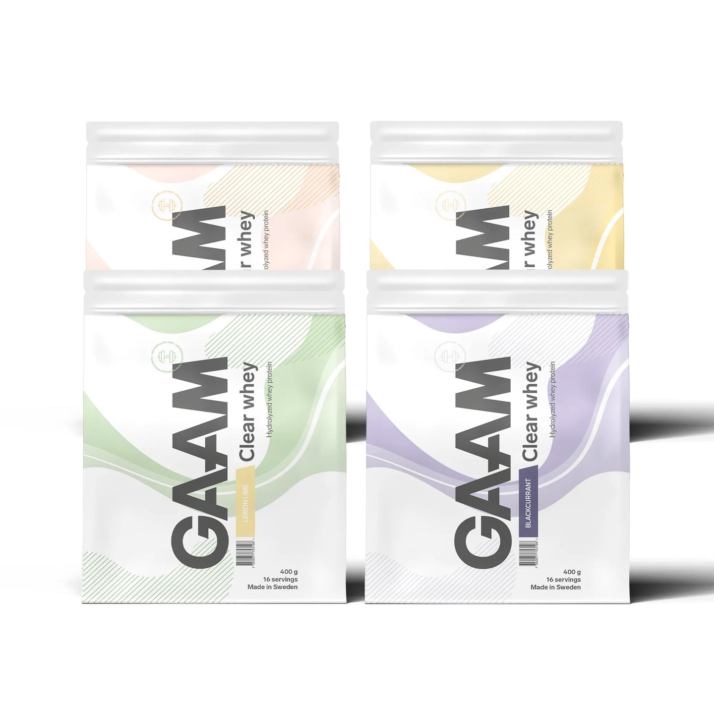 4 x GAAM Clear Whey 400 g proteinpulver i fyra vita påsar med vågiga mönster i olika pastellfärger.