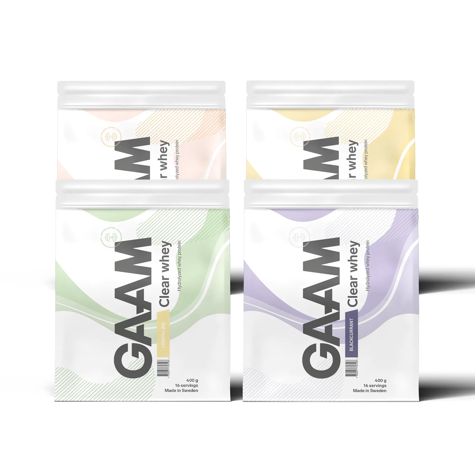 4 x GAAM Clear Whey 400 g proteinpulver i fyra vita påsar med vågiga mönster i olika pastellfärger.