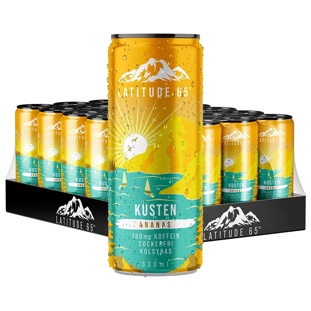 24 x Latitude 65 330 ml Kusten - Ananas i ett svart flak med kylda burkar i gult och turkost.