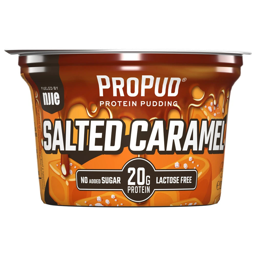 NJIE ProPud 200 g proteinpudding i en brun och orange bägare för smaken Salted Caramel.