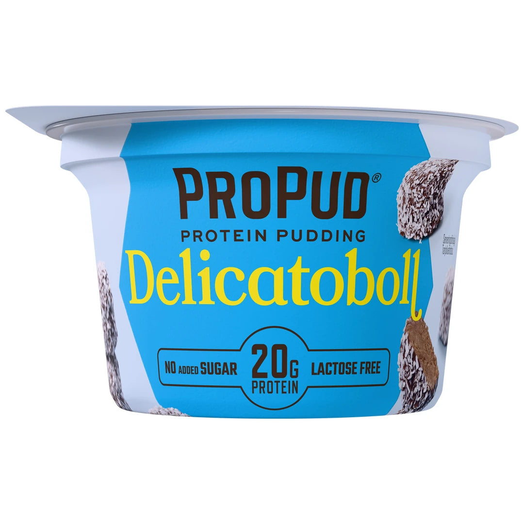 NJIE ProPud 200 g proteinpudding i en vit bägare med ljusblå etikett för smaken Delicatoboll., bild 3 av 4