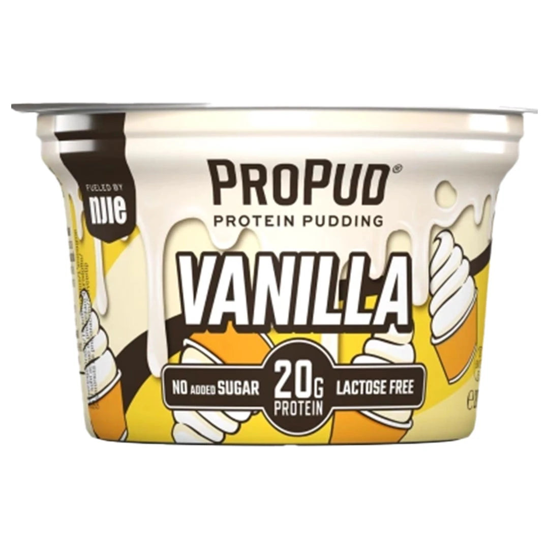 NJIE ProPud Chocolate 200 g proteinpudding i smaken Vanilla, förpackad i en gul och vit plastburk.