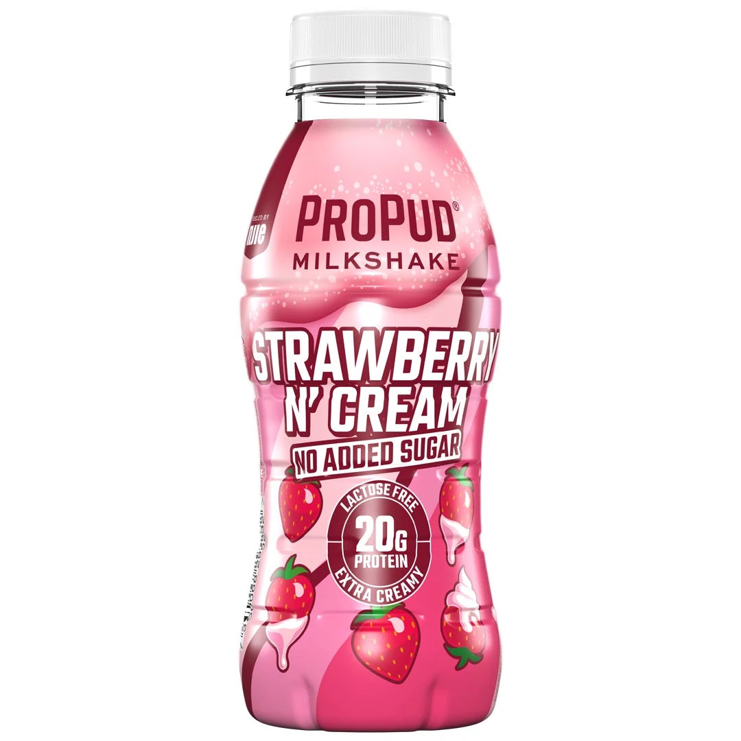 NJIE ProPud Protein Milkshake 330 ml i en rosa flaska med vitt lock för smaken Strawberry Cream.