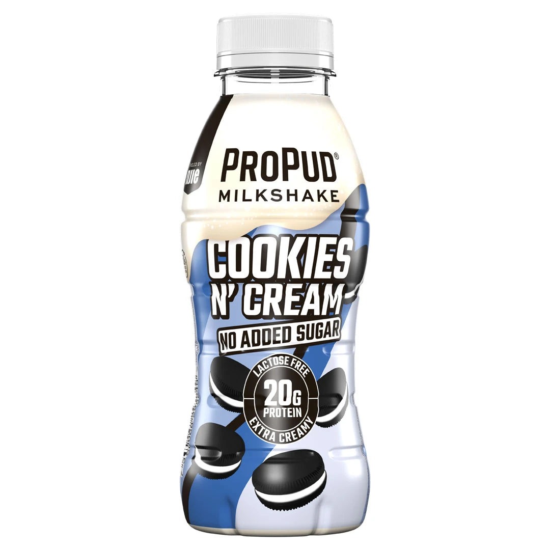 NJIE ProPud Protein Milkshake 330 ml i en vit och ljusblå flaska med kakmotiv för smaken Cookies N' Cream., bild 3 av 9