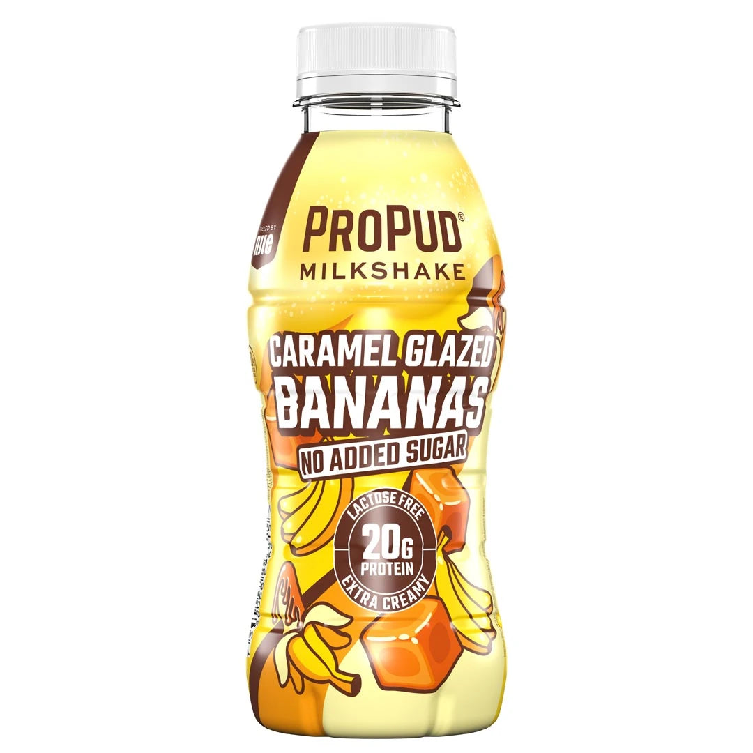 NJIE ProPud Protein Milkshake 330 ml i en gul plastflaska med bruna detaljer för smaken Caramel Glazed Banana., bild 4 av 9