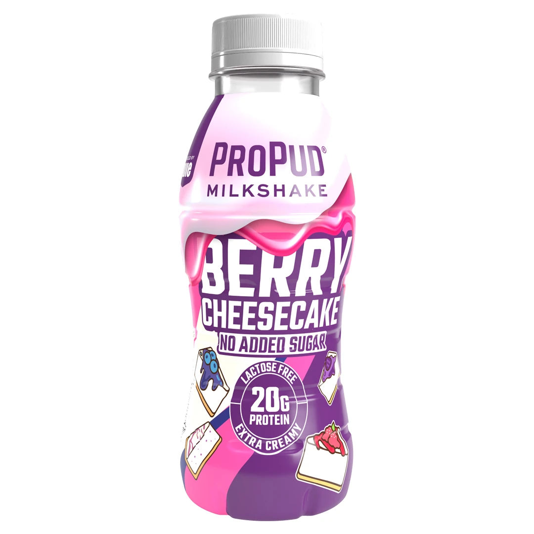 NJIE ProPud Protein Milkshake 330 ml i en plastflaska med rosa och lila etikett för smaken Berry Cheesecake., bild 5 av 9