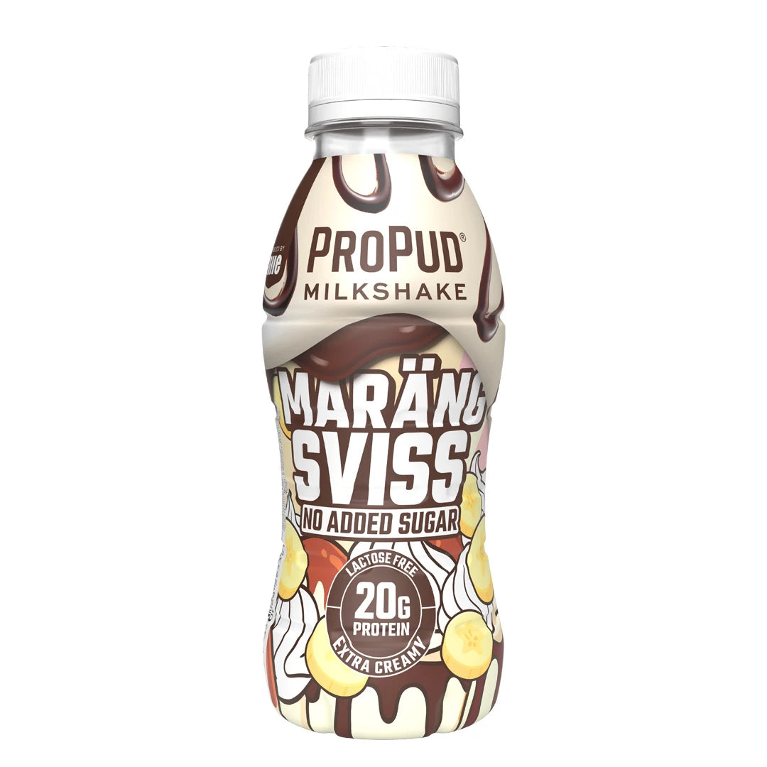 NJIE ProPud Protein Milkshake 330 ml i en flaska med choklad- och bananmönster för smaken Marängsviss., bild 6 av 9