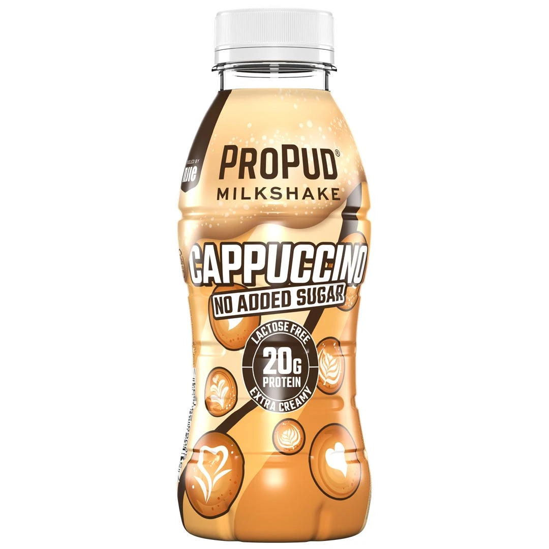 NJIE ProPud Protein Milkshake 330 ml i en beige flaska med kaffedetaljer och vit kork för smaken Cappuccino., bild 7 av 9