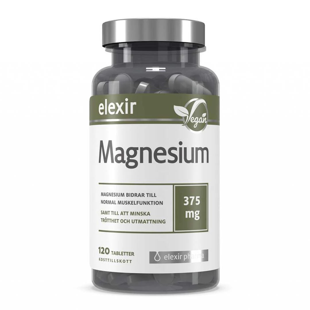 Elexir Pharma Magnesium 375 mg i en transparent burk med silverlock, vit etikett och 120 veganska tabletter.