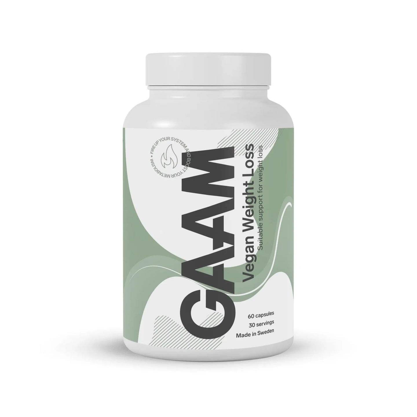 GAAM Vegan Weight loss 60 caps fettförbrännare förpackad i en vit plastburk med ljusgröna och vita detaljer.