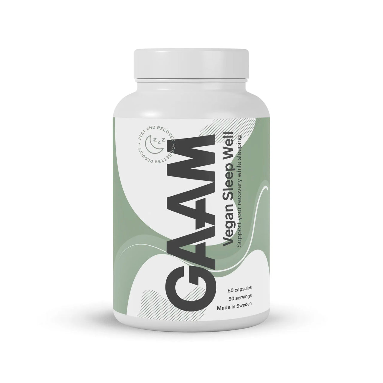 GAAM Vegan Sleep Well 60 caps, förpackad i en vit burk med gröna och grå detaljer för bättre sömn och återhämtning.