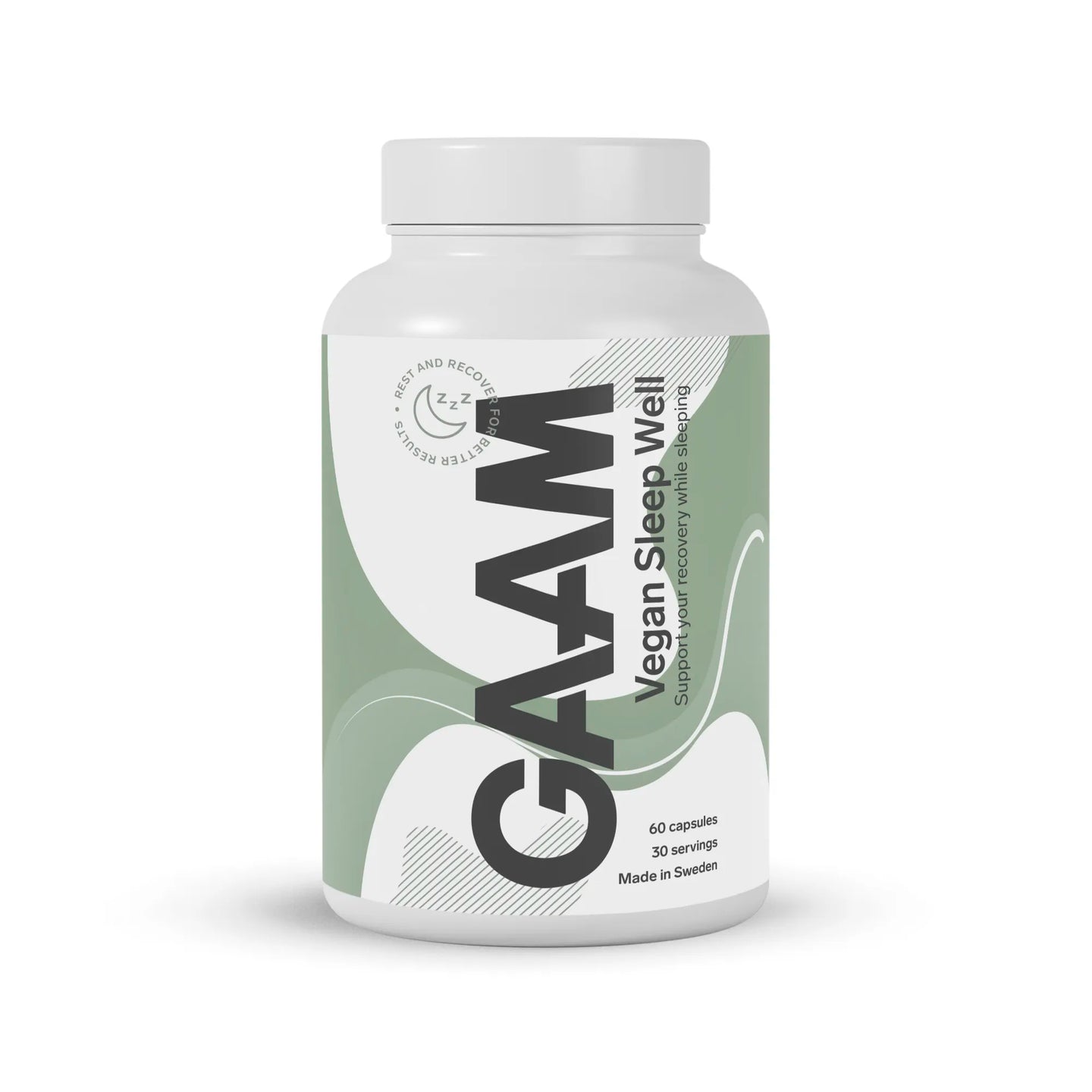 GAAM Vegan Sleep Well 60 caps, förpackad i en vit burk med gröna och grå detaljer för bättre sömn och återhämtning.