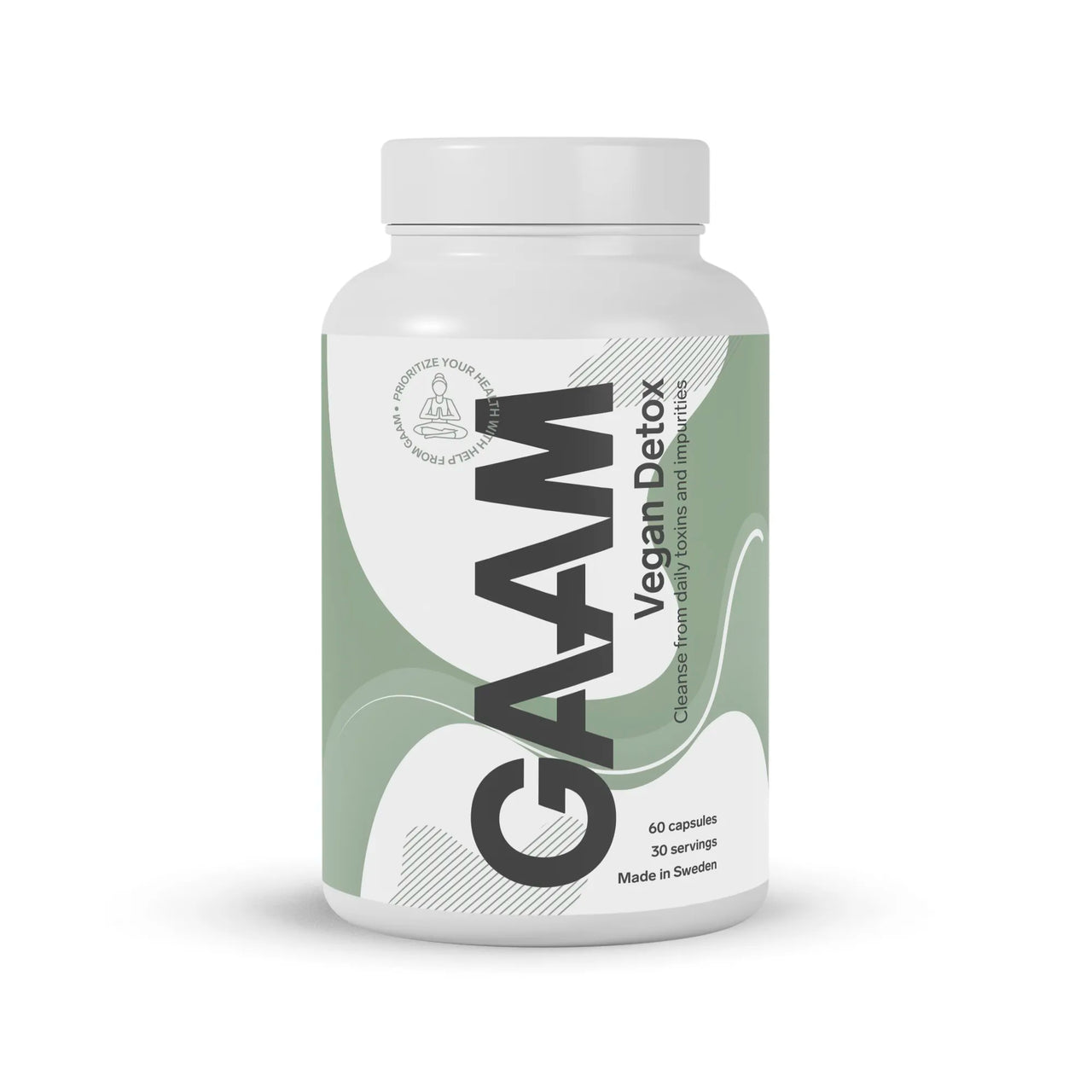 GAAM Vegan Detox 60 caps i en vit plastburk med grön och vit etikett, ett veganskt kosttillskott för rening.