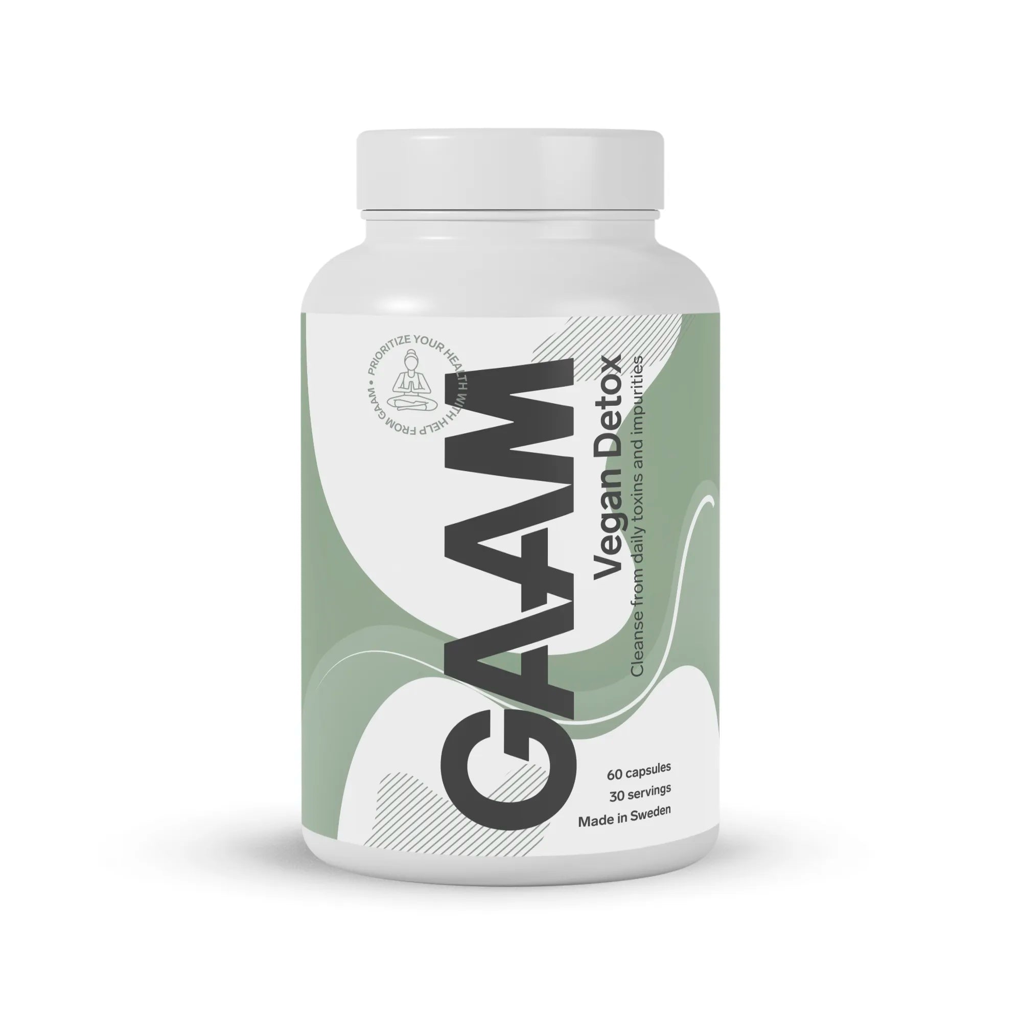 GAAM Vegan Detox 60 caps i en vit plastburk med grön och vit etikett, ett veganskt kosttillskott för rening.