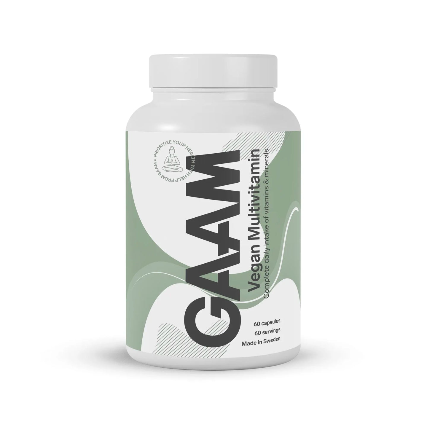 GAAM Vegan Multivitamin 60 caps kosttillskott i en vit plastburk med ljusgrön och vit etikett.